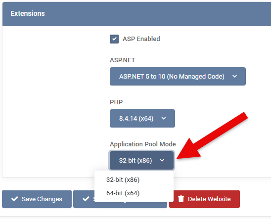 Change the ASP.NET Verion of the website